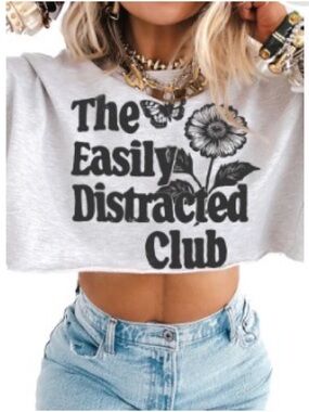 Pebby Forevee Easily Distracted Club Cropped Graphic Sweatshirt - grey